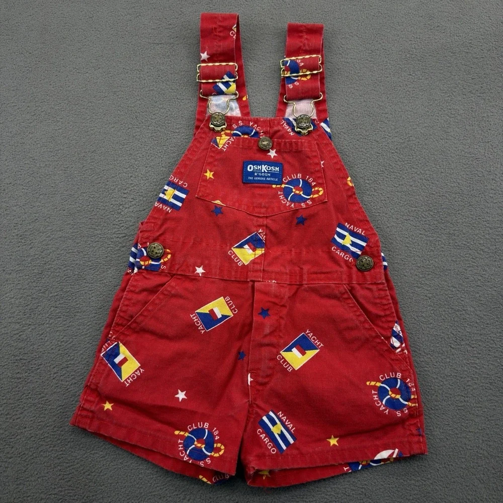 Vtg OshKosh Vestbak Shorts Overalls Shortalls SZ 2T Red Nautical Navy Yacht Club